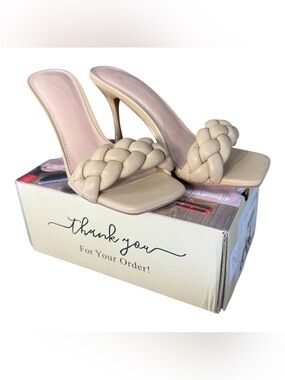 Ermonn Nude Braided Square Toe Mules High Heel Sandal Slides Size 5 NEW